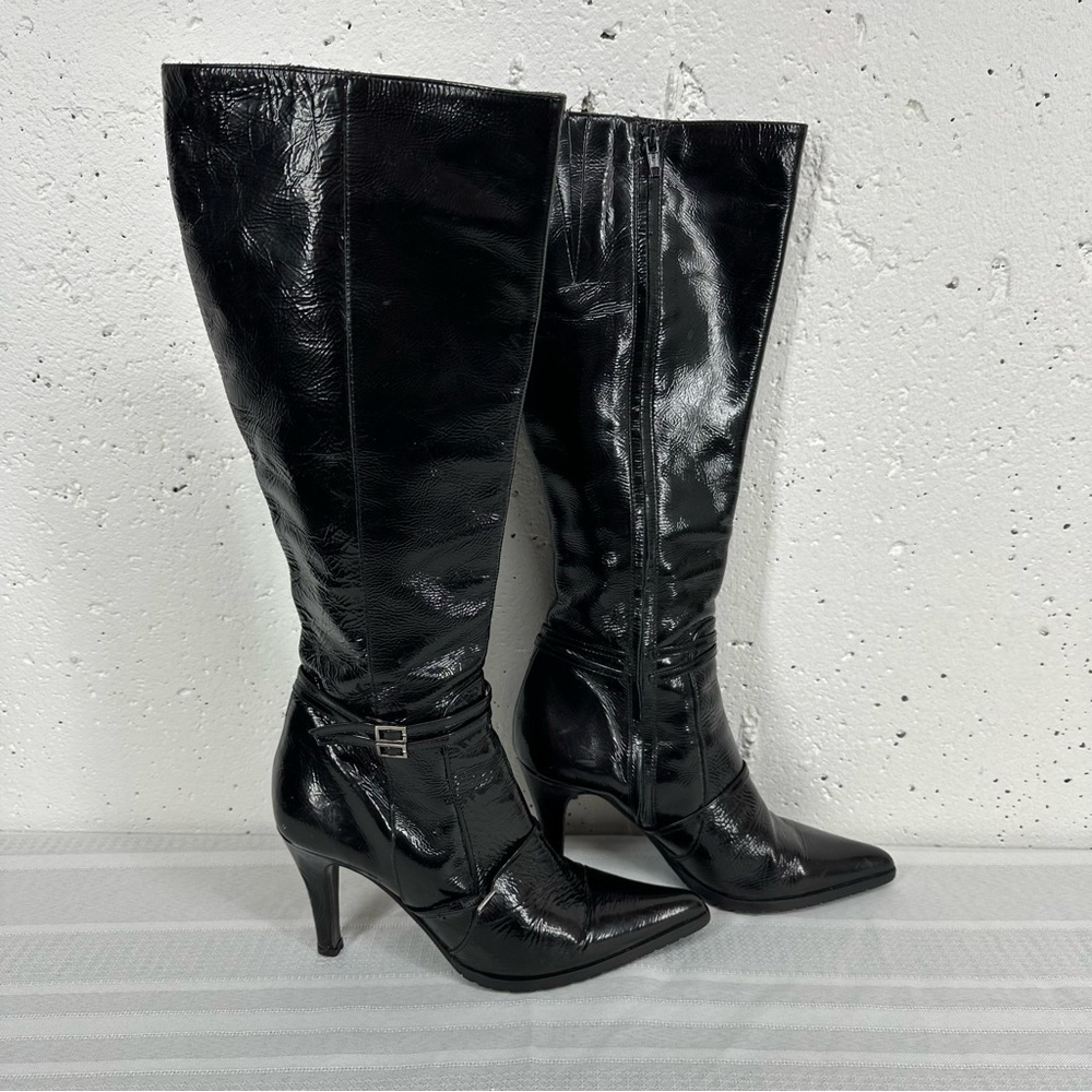 Faconnable size 6 Black Patent Leather Tall Heeled Boots